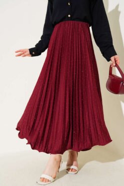 Mini Stone-Embellished Pleated Skirt Burgundy wholesale skirt - Hicabistan Turkey factory