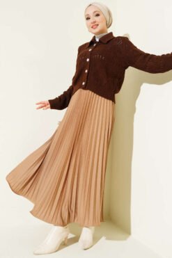 Mini Stone-Embellished Pleated Skirt Camel en gros skirt view 2 - Hicabistan usine Turquie