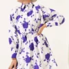 Shirt with Tie Belt and Mini Leaf Pattern Purple