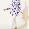 Shirt with Tie Belt and Mini Leaf Pattern Purple wholesale shirt view 2 - Hicabistan Turkey factory