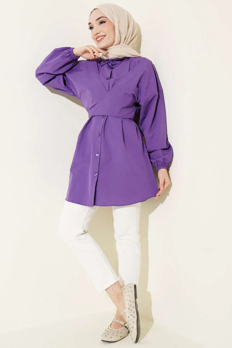 Cross-Front Tied Shirt Purple groothandel shirt view 2 - Hicabistan Turkije fabriek