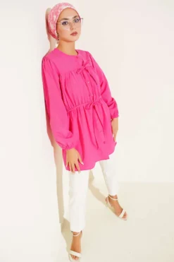 Ruching Tie-Front Shirt Fuchsia بالجملة shirt - Hicabistan مصنع تركيا