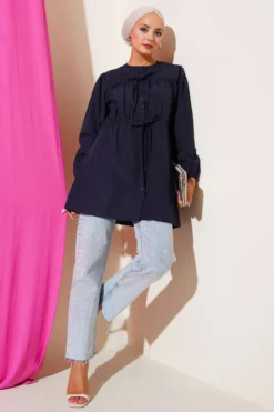 Ruching Tie-Front Shirt Navy Blue بالجملة shirt view 2 - Hicabistan مصنع تركيا
