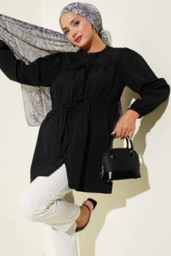 Ruching Tie-Front Shirt Black بالجملة shirt - Hicabistan مصنع تركيا