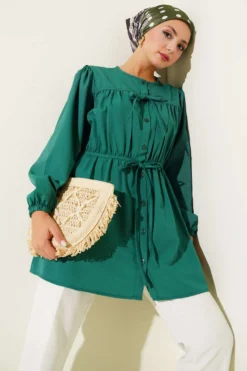 Ruching Tie-Front Shirt Green بالجملة shirt - Hicabistan مصنع تركيا