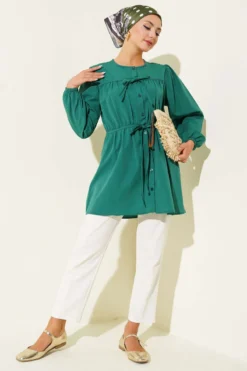 Ruching Tie-Front Shirt Green بالجملة shirt view 2 - Hicabistan مصنع تركيا