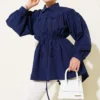 Gathered Front Belt Tunic Shirt Navy Blue
