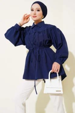 Gathered Front Belt Tunic Shirt Navy Blue