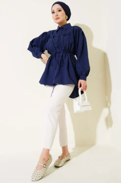 Alternative view of Gathered Front Belt Tunic Shirt Navy Blue