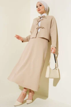 Laced Front Jacket Skirt Set Beige