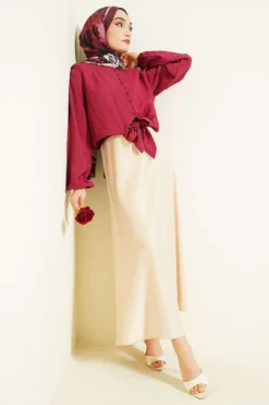 منظر بديل لـ Front Brit Buttoned Tied Short Shirt Burgundy