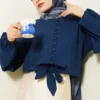 Front Brit Buttoned Tied Short Shirt Navy Blue