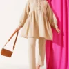 Button-Front Ruffled Two-Piece Set Beige
