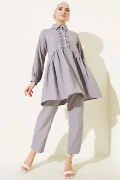 Button-Front Ruffled Two-Piece Set Grey