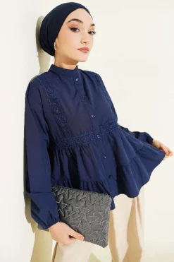 Short Shirt with Lace Trim Navy Blue