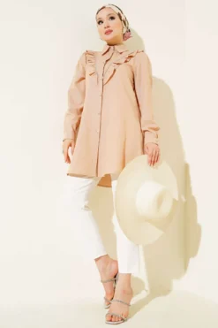 Alternative view of Ruffled Front Button-Up Shirt Camel