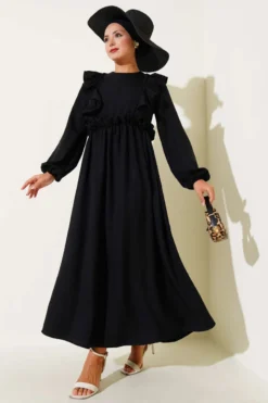 Ruffled Front Waist Elastic Dress Black