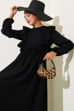 Alternative view of Ruffled Front Waist Elastic Dress Black