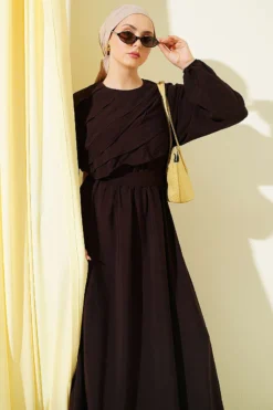 Ruffled Front Belted Dress Brown all'ingrosso dress view 2 - Hicabistan fabbrica Turchia