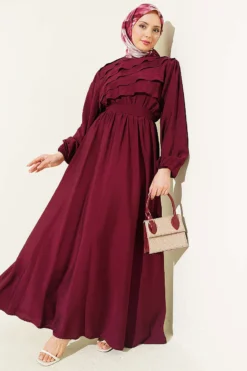 Ruffled Front Belted Dress Burgundy