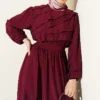 Ruffled Front Belted Dress Burgundy wholesale dress view 2 - Hicabistan Turkey factory