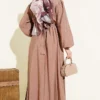 Ruffled Front Belted Dress Mink wholesale dress view 3 - Hicabistan Turkey factory