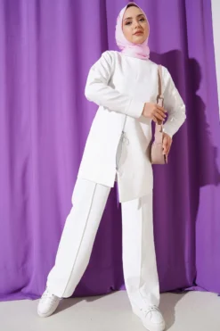 Zipper Front Tunic Two-Piece Set White