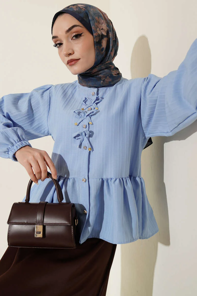 Short Ruffled Blouse with Bow Detail Blue