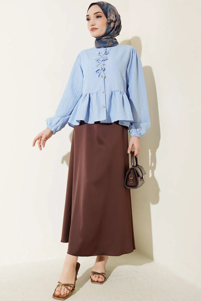 Short Ruffled Blouse with Bow Detail Blue - Image 2