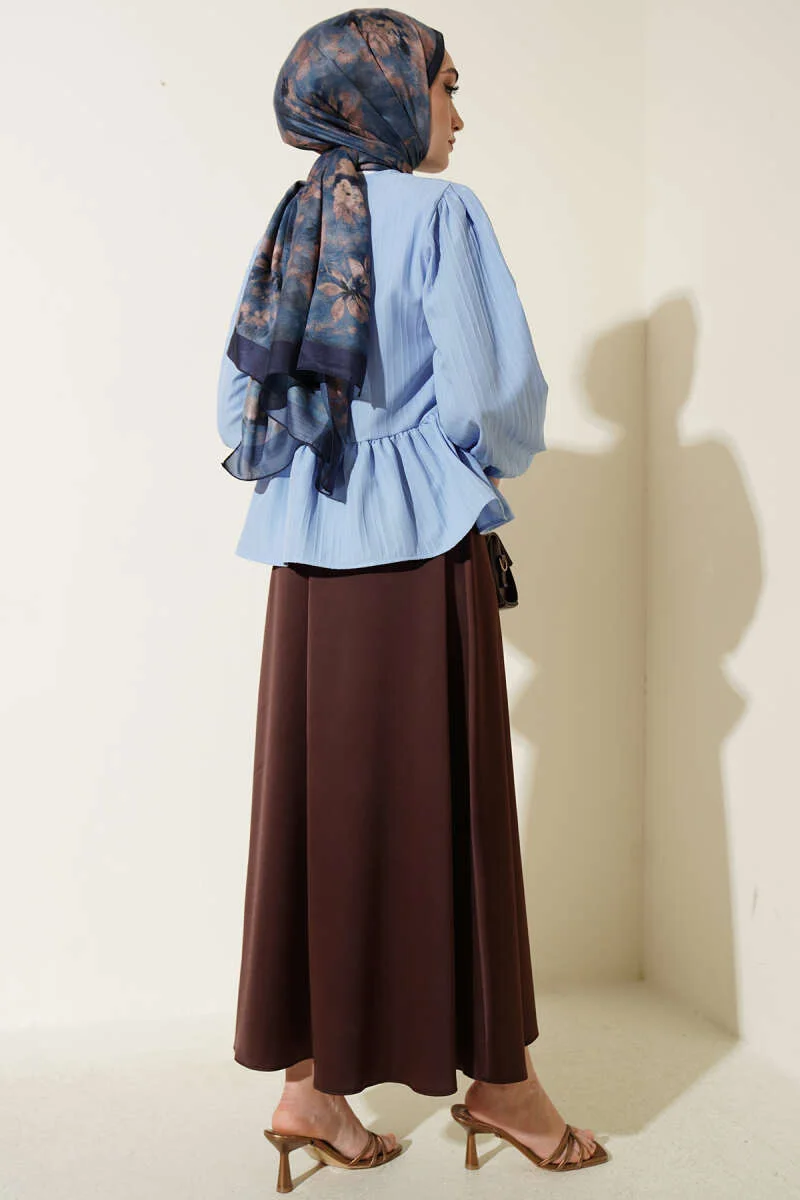 Short Ruffled Blouse with Bow Detail Blue - Image 3