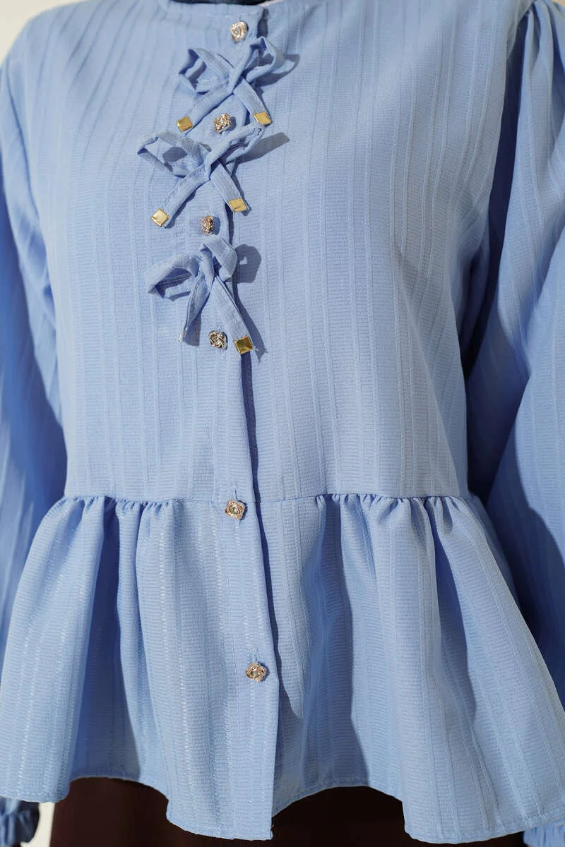 Short Ruffled Blouse with Bow Detail Blue - Image 4
