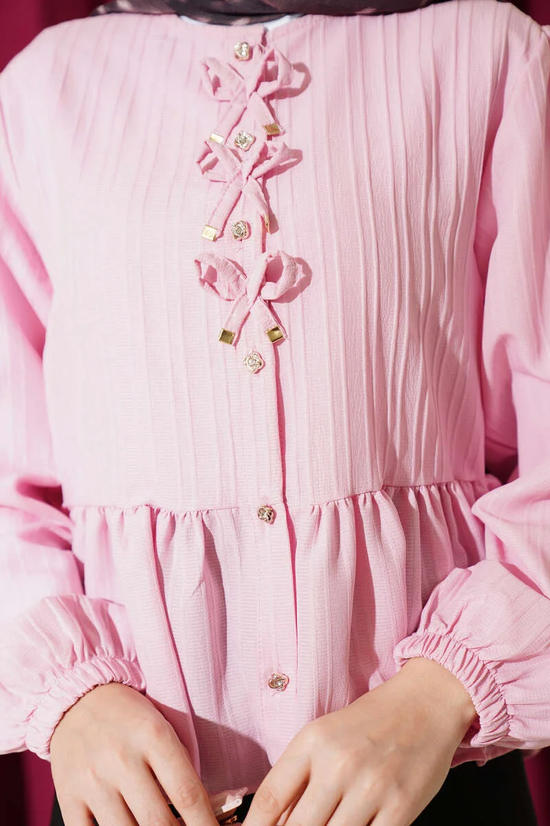 Short Ruffled Blouse with Bow Detail Pink - Image 4