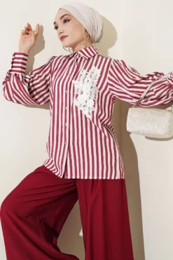 Lace Front Striped Shirt Burgundy wholesale shirt - Hicabistan Turkey factory