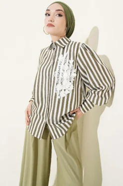 Lace Front Striped Shirt Khaki wholesale shirt - Hicabistan Turkey factory