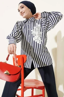 Lace Front Striped Shirt Navy Blue wholesale shirt - Hicabistan Turkey factory