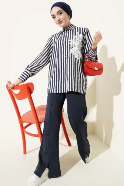 Lace Front Striped Shirt Navy Blue wholesale shirt view 2 - Hicabistan Turkey factory