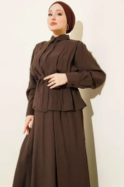 Alternative view of Wide Front Pleated Modal Skirt Set Brown