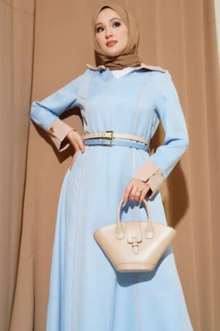 Dress with Hidden Zipper and Double Belt Baby Blue wholesale dress view 2 - Hicabistan Turkey factory