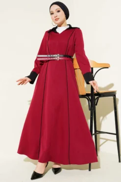 Dress with Hidden Zipper and Double Belt Burgundy wholesale dress - Hicabistan Turkey factory