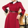 Dress with Hidden Zipper and Double Belt Burgundy al por mayor dress view 2 - Hicabistan fábrica Turquía