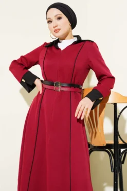 Dress with Hidden Zipper and Double Belt Burgundy wholesale dress view 2 - Hicabistan Turkey factory
