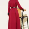 Dress with Hidden Zipper and Double Belt Burgundy al por mayor dress view 3 - Hicabistan fábrica Turquía