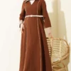 Dress with Hidden Zipper and Double Belt Brown all'ingrosso dress - Hicabistan fabbrica Turchia