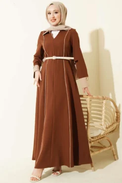 Dress with Hidden Zipper and Double Belt Brown wholesale dress - Hicabistan Turkey factory