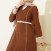 Dress with Hidden Zipper and Double Belt Brown Großhandel dress view 2 - Hicabistan Türkei Fabrik