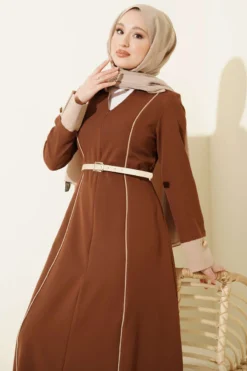 Dress with Hidden Zipper and Double Belt Brown wholesale dress view 2 - Hicabistan Turkey factory