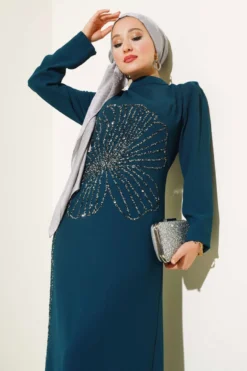 Flower Embellished Dress Petrol en gros dress view 2 - Hicabistan usine Turquie