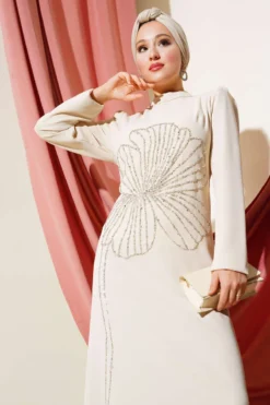 Flower Embellished Dress Stone en gros dress view 2 - Hicabistan usine Turquie