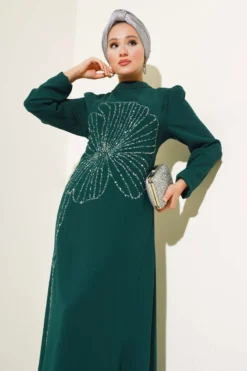Flower Embellished Dress Emerald en gros dress view 2 - Hicabistan usine Turquie