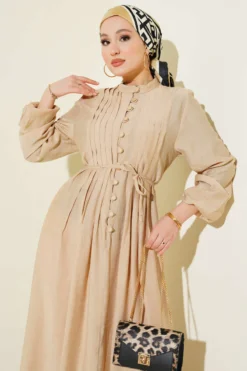 Buttoned Dress with Ribbed Front Beige en gros dress view 2 - Hicabistan usine Turquie